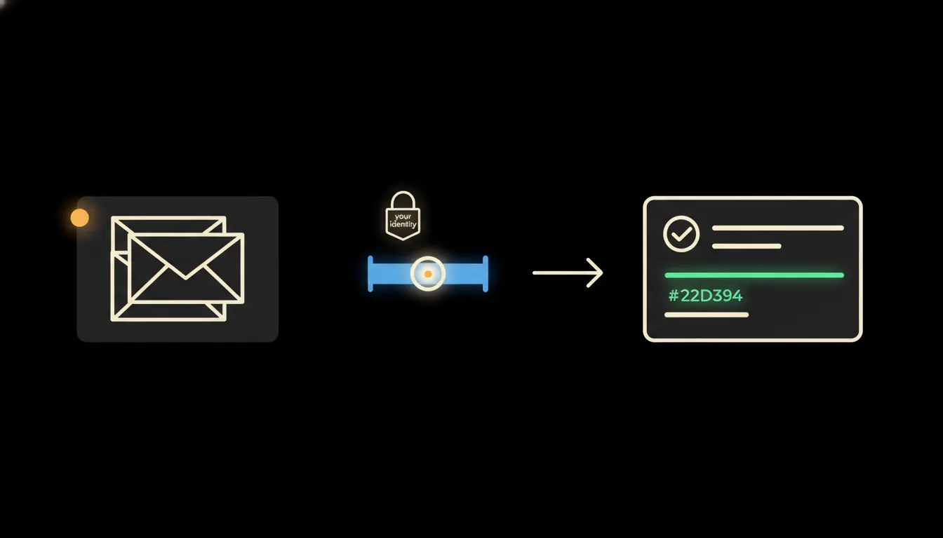 Schematická infografika: vlevo stack e-mailových obálek, uprostřed MCP bridge s ikonou zámku a Claude orbem, vpravo schválená žádost se zeleným checkmarkem v systémovém panelu.