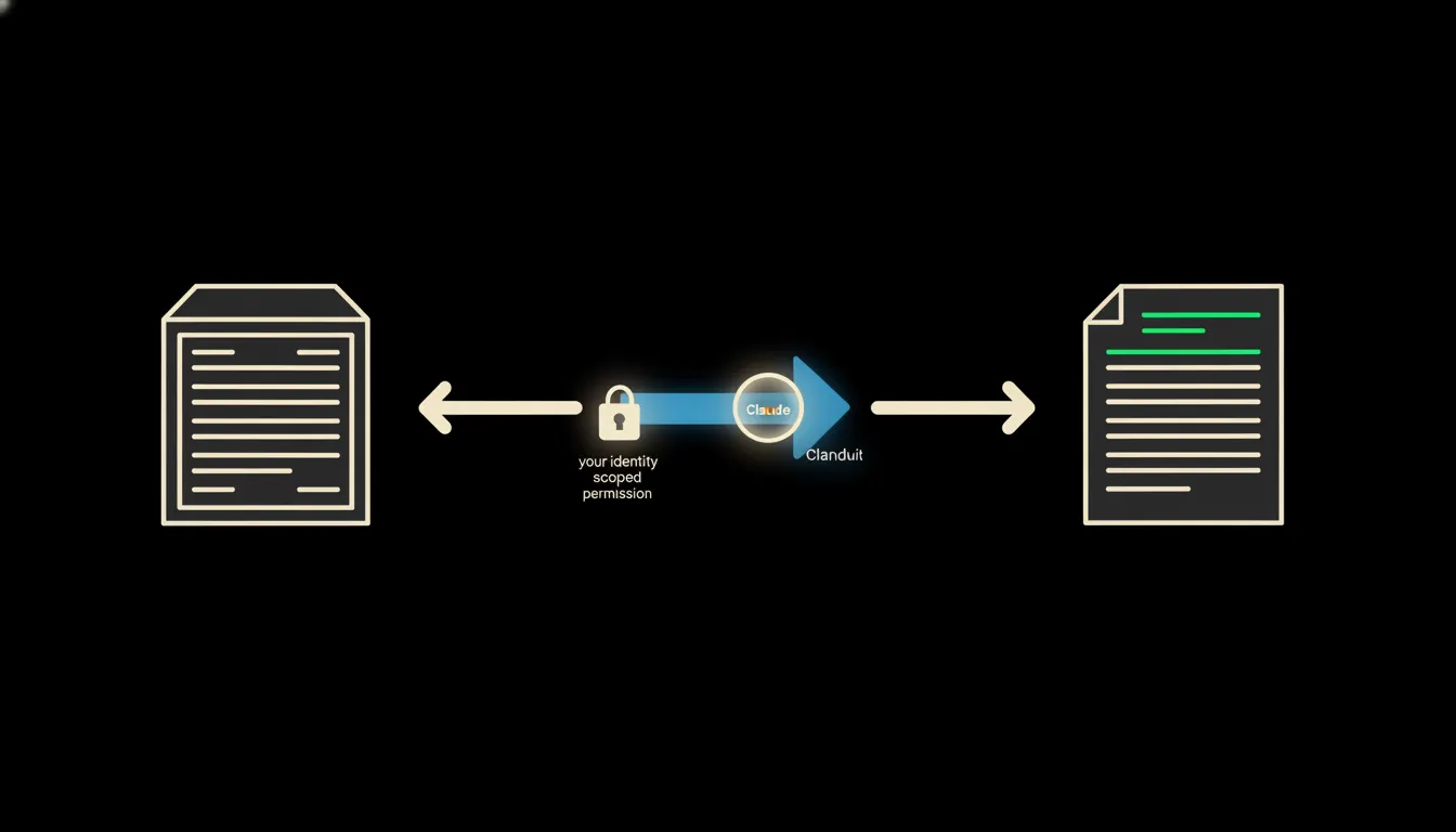 Schematická infografika: vlevo stylizovaná firemní databáze, uprostřed MCP konduit s Claude orbem a ikonou identity, vpravo dokument s prvním zeleně zvýrazněným řádkem.