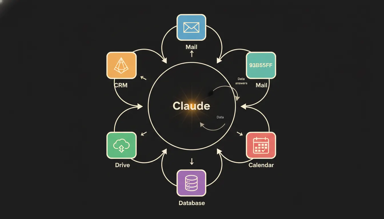 Infografika hub-and-spoke: Claude uprostřed obklopený paprsky propojeními k pěti datovým zdrojům (CRM, pošta, kalendář, soubory, podpora) — dotazy přitékají, odpovědi odtékají, oprávnění uživatele po cestě.
