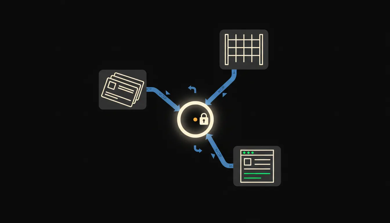 Schematická infografika tří MCP serverů propojujících Claude s CRM, skladem a účetnictvím na tmavém pozadí.