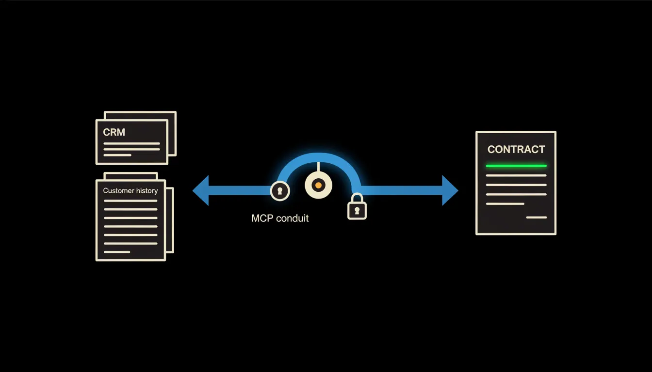 Infografika znázorňující tok dat z CRM a účetního systému přes MCP bridge do připravené servisní nabídky.