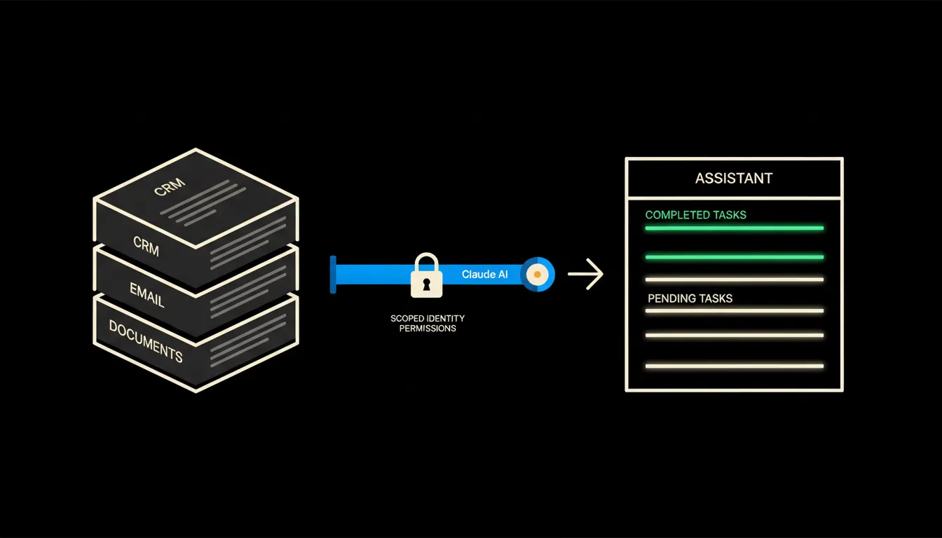 Schematická infografika: vlevo stylizovaný firemní datový uzel (CRM, mail, dokumenty), uprostřed MCP bridge s Claude orbem a ikonou identity, vpravo panel asistenta s dokončenými řádky v zelené.