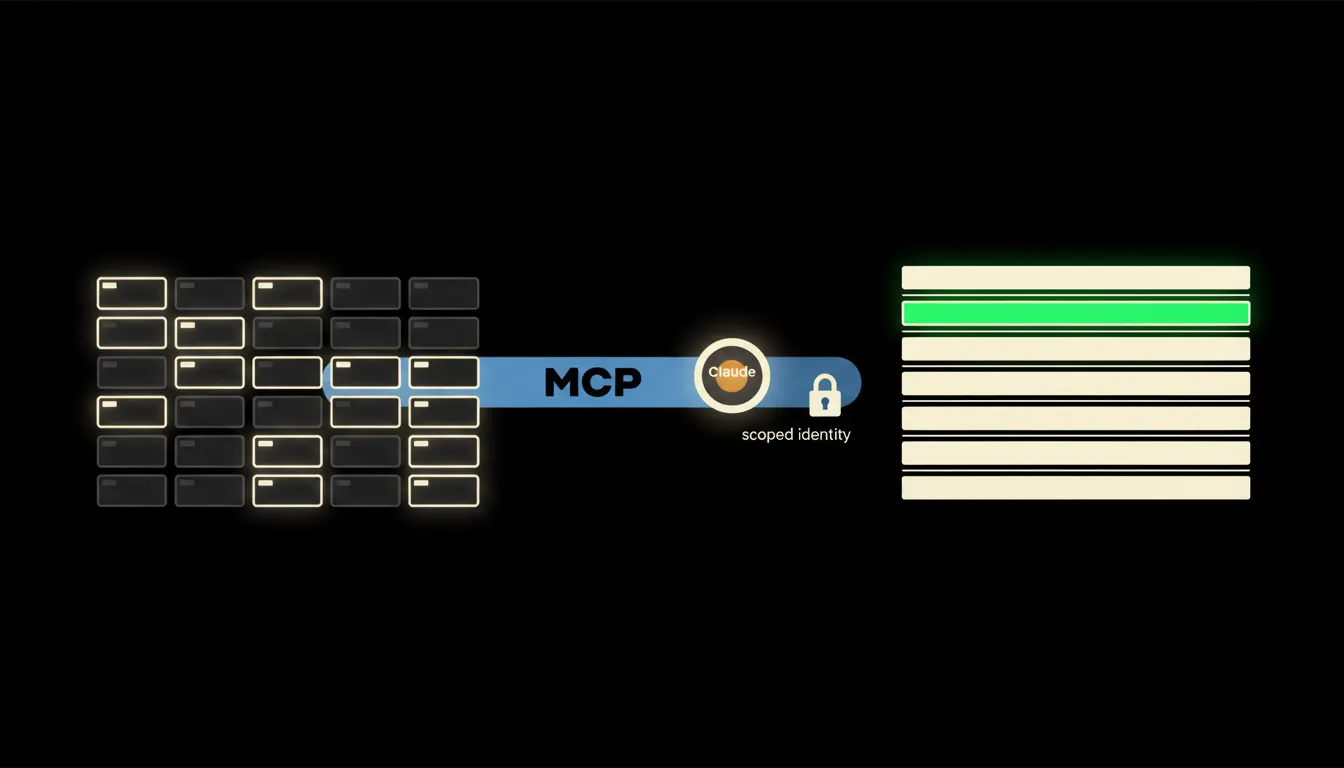 Infografika: vlevo mřížka katalogu MCP serverů, ze které svítí čtyři vybrané, uprostřed modrý most s Claudem a odznakem identity, vpravo panely firemních systémů se zeleně zvýrazněným řádkem.